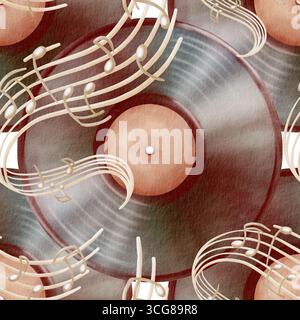 Motivo senza cuciture di dischi in vinile con vecchia etichetta, supporto musicale con note stilizzate color beige, design vintage e nostalgico con scanalature come simbolo di Foto Stock