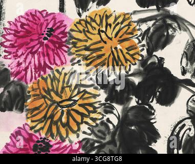 Primo piano dei crisantemi - inchiostro cinese e pennellate a colori Foto Stock