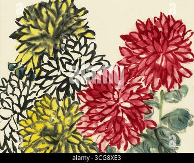 Primo piano dei crisantemi - inchiostro cinese e pennellate a colori Foto Stock