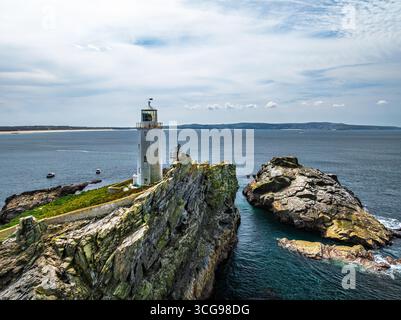 Faro di Godrevy da un drone, Godrevy Island, St Ives Bay, Cornovaglia, Inghilterra Foto Stock