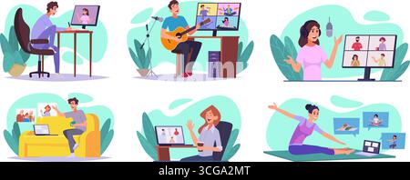 Festa online. Interazioni a distanza tra persone sul Web caratteri piatti vettoriali esatti nelle illustrazioni concettuali grafica originale Illustrazione Vettoriale