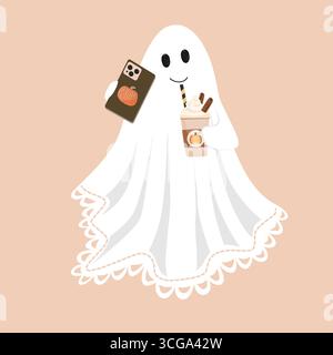 Il simpatico fantasma beve latte di zucca e spezie dal bicchiere di carta e scatta selfie. Elemento di design del personaggio di Halloween Illustrazione Vettoriale