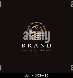 Elegante design con logo Mountains and Grasslands. Montagne e campi agricoli in un design minimalista con logo Circle. Illustrazione Vettoriale