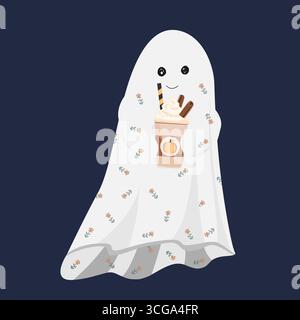 Carino Ghost che beve il latte delle spezie della zucca dai bicchieri di carta. Elemento di design del personaggio di Halloween Illustrazione Vettoriale