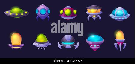 Astronave aliena cartoni animati. ufo luminoso viene fornito con sfere di vetro e luci. Trasporto in viaggio nell'universo, elementi di gioco per avventure spaziali, vettore di neve Illustrazione Vettoriale