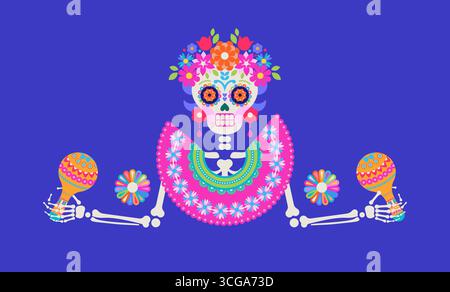 Scheletro danzante con poster Maracas Illustrazione Vettoriale