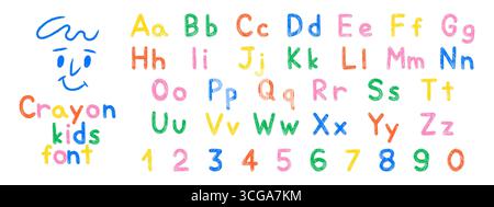 Allegri font pastello per bambini con lettere e numeri maiuscole e minuscole. Colorato alfabeto di consistenza pastello a cera disegnato a mano Illustrazione Vettoriale