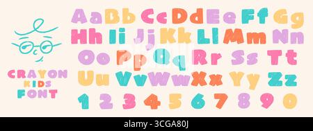 Alfabeto per bambini con pastelli disegnato a mano con lettere e numeri divertenti e minuscole. Font per bambini con gesso e trama a matita Illustrazione Vettoriale