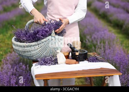 Fare cosmetici naturali. Donna con cesto in vimini di fiori di lavanda e altri ingredienti a tavola nel campo, primo piano Foto Stock