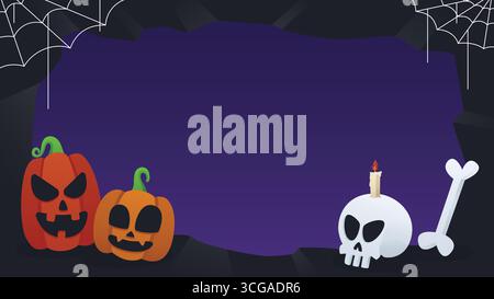 Spaventoso sfondo di Halloween con zucche e teschi sorridenti. Ideale per eventi di ottobre Illustrazione Vettoriale