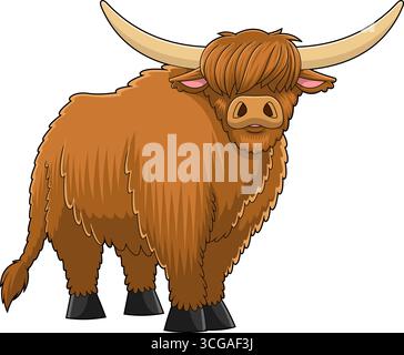 Personaggio del cartone animato Highland Cow Animal. Illustrazione vettoriale disegnata a mano isolata su sfondo trasparente Illustrazione Vettoriale