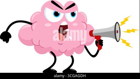Angry Brain Cartoon Character Screaming into Megaphone. Illustrazione vettoriale Flat Design isolato su sfondo trasparente Illustrazione Vettoriale