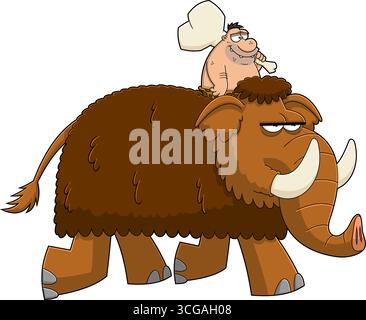 Funny Caveman in sella A Un personaggio di Mammoth Cartoon. Illustrazione vettoriale disegnata a mano isolata su sfondo trasparente Illustrazione Vettoriale