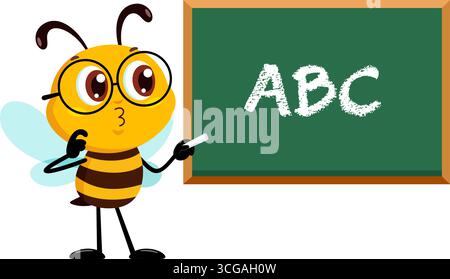 Carino School Bee Cartoon personaggio che scrive su Blackboard ABC. Illustrazione vettoriale Flat Design isolato su sfondo trasparente Illustrazione Vettoriale