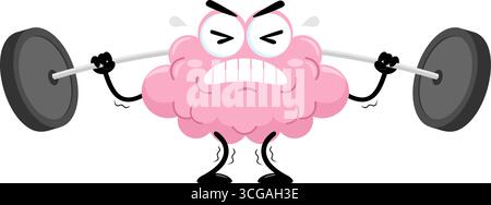 Divertente Brain Cartoon Character Lifting Weights. Illustrazione vettoriale Flat Design isolato su sfondo trasparente Illustrazione Vettoriale