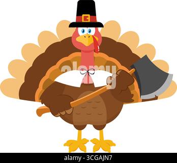 Carino Pellegrino Turkey Bird Cartoon personaggio che regge Un ascia. Illustrazione vettoriale Flat Design isolato su sfondo trasparente Illustrazione Vettoriale