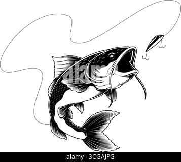 Il pesce gatto che cattura il disegno grafico dell'esca da pesca. Illustrazione vettoriale disegnata a mano isolata su sfondo trasparente Illustrazione Vettoriale