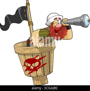 Divertente personaggio dei Pirati Cartoon che usa Un telescopio in Un nido di corvi. Illustrazione vettoriale disegnata a mano isolata su sfondo trasparente Illustrazione Vettoriale