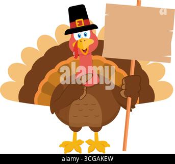 Carino Pellegrino tacchino uccello personaggio Cartoon che punta a Un segno bianco di legno. Illustrazione vettoriale Flat Design isolato su sfondo trasparente Illustrazione Vettoriale