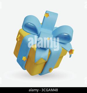 Eleganti confezioni regalo gialle con nastri e fiocchi blu. Per banner, poster Web, opuscoli, eleganti brochure, copertina. Illustrazione Vettoriale