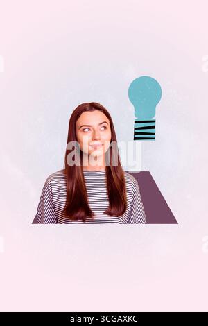 Collage artistico creativo di persone in piedi pensa su sfondo viola con pittura a lampadina Foto Stock