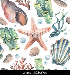 Motivo marino senza cuciture con stelle marine, coralli e conchiglie in colori pastello chiari, illustrazione ad acquerello dipinta a mano perfetta per i tessuti estivi Foto Stock