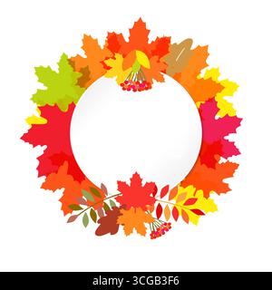 Corona autunnale con foglie colorate. Cornice rotonda decorativa. Elementi isolati. Decorazione grafica con foglio di carta vuoto. Illustrazione Vettoriale