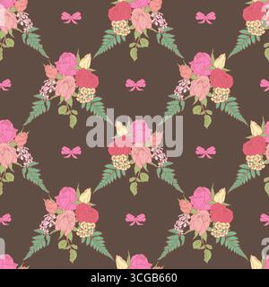 Bouquet di rose rosa vintage line art e fantasiosi nodi di fiocco motivo senza cuciture con sfondo marrone Illustrazione Vettoriale