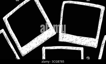 Illustrazione vettoriale di cornici quadrate bianche sparse su sfondo nero, Illustrazione Vettoriale