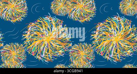 Modello vettoriale senza cuciture di forme tumbleweed astratte in linee multicolori aggrovigliate, disposte su uno sfondo blu profondo con piccole lune a mezzaluna Illustrazione Vettoriale