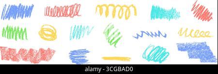 Set vettoriale di scarabocchi a mano libera con tratti spessi, vortici, ricci e forme d'onda. Design multicolore in rosso, blu, giallo, verde e. Illustrazione Vettoriale