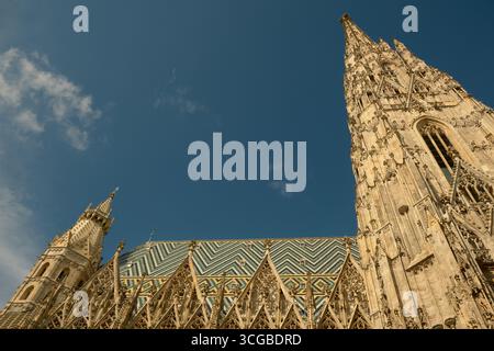 Vista laterale verso l'alto della cattedrale di Santo Stefano di Vienna, caratterizzata dall'alta guglia e dal cielo azzurro, che enfatizza la verticalità gotica e l'arco Foto Stock