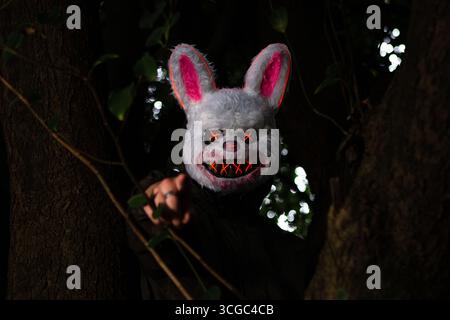 Maschera a LED bianca con luci rosse accese che puntano il dito direttamente verso la fotocamera nella foresta scura Foto Stock