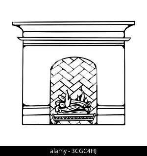 Caminetto classico con legna e fuoco. Disegno lineare del camino domestico. Design degli interni retrò invernale, illustrazione vettoriale. Traccia modificabile. Illustrazione del contorno monocromatico vettoriale. Illustrazione Vettoriale