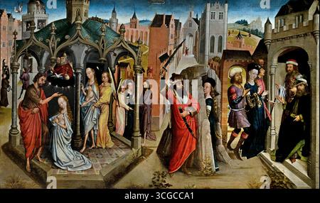 Maestro della leggenda Barbara (Aert van den Bossche) 1470 frammento di giudice pala d'altare Scene Santa Barbara fiamminga belga , ( primo pittore fiammingo di pale d'altare, attivo a Bruxelles e Bruges alla fine del XV secolo. ) Foto Stock