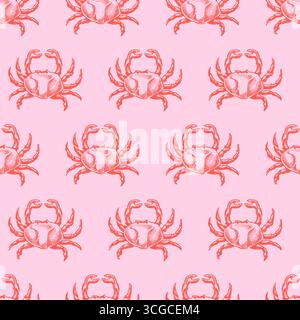 Motivo di granchio rosso senza cuciture. Illustrazione dello schizzo disegnato a mano vettoriale. Sfondo rosa per scarabocchi marini. Design per stampa tessile estiva, Beach coasta Illustrazione Vettoriale