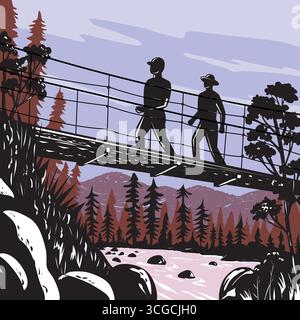 Illustrazione di escursionisti che attraversano il Wawona Swinging Bridge che si estende lungo la biforcazione sud del fiume Merced nella Yosemite Valley all'interno dello Yosemite National Park Illustrazione Vettoriale