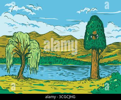 Disegnare un'illustrazione in stile sketch del lago Hume nelle montagne della Sierra Nevada all'interno della Sequoia National Forest, Fresno County, California, con salice An Illustrazione Vettoriale
