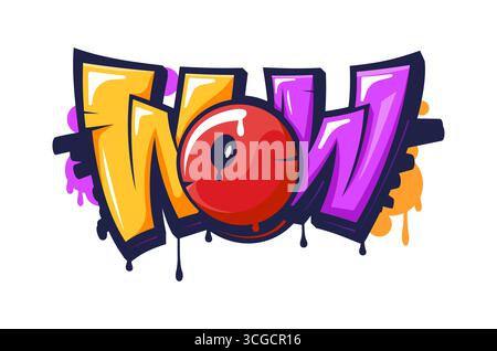 Street art urbana graffiti bella opera d'arte di vernice spray scritta sulle pareti, icona vettoriale. Wow font per graffiti e testo di Street art urbano parola d'arte con gocce di vernice e gocce liquide Illustrazione Vettoriale