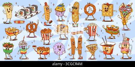 Personaggi dei fast food cartoni animati. Set vettoriale di sushi roll, churros, gelati e popcorn. Burrito, cane di mais, cupcake, patatine fritte e secchio di pollo fritto. Pancake, pannocchie di mais e pretzel soffice Illustrazione Vettoriale