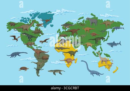 infografiche cartografiche dei dinosauri preistorici con pixel art a 8 bit che mostrano varie specie di dinosauri collocate nei rispettivi continenti di scoperta. Poster didattico vettoriale per l'apprendimento paleontologico dei bambini Illustrazione Vettoriale