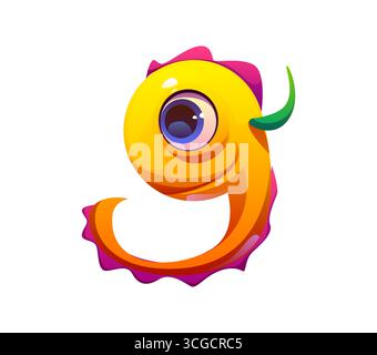 Bizzarro carattere mostro cifra 9 nove. Strange bugaboo, bogle personage matematico font digit, Halloween Scarecrow cartoon vettore alfabeto type number. Spaventoso personaggio di carattere ABC dei bambini creatura Illustrazione Vettoriale