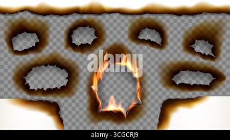 Bordi e buchi bruciati in carta realistici con bordi bruciati ed effetti di fiamme accese. lacune vettoriali 3d con linguaggi brillanti sul foglio. Set di layout isolati per telai strappati e strappati Illustrazione Vettoriale