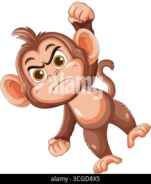 Audace cartone vettoriale di scimmia arrabbiata con occhi espressivi, pugni serrati, posa dinamica, sfondo bianco. Illustrazione Vettoriale