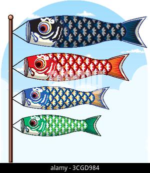 Rastrellieri per carpe koinobori vettoriali colorati su palo, stile piatto, sfondo blu cielo, linee pulite Illustrazione Vettoriale