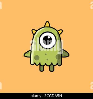 Carino Green Monster Cartoon Vector in verde. bianco, giallo e nero su sfondo arancione tenue Illustrazione Vettoriale