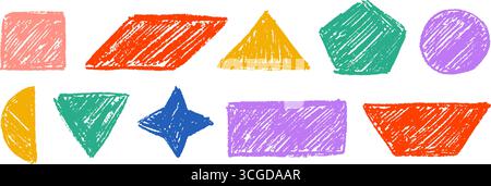 Set colorato di pastelli con forma a scarabocchio. Collezione di doodle geometrica disegnata a mano a carbone. Confezione sagomata a colori per adesivi, patch e badge. Elementi rettangolari, triangolari, circolari di schizzo infantili vettoriali Illustrazione Vettoriale