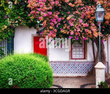 Piccolo cottage nel centro storico di Lisbona con Azulejos tradizionale e fiori fioriti, Portogallo Foto Stock