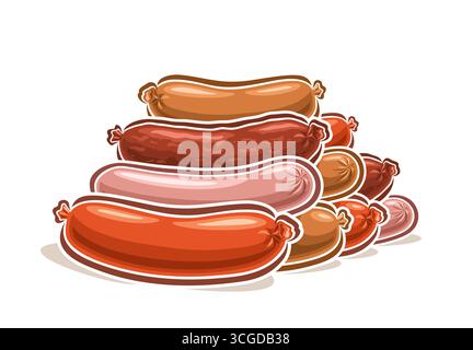 Logo vettoriale per salsicce fresche, poster orizzontale con disegno a cartoni animati composizione di salsicce naturali crude, cartello decorativo con gruppo di agricoltori immersi Illustrazione Vettoriale