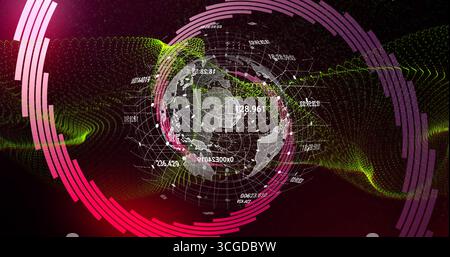 Visualizzazione del globo terrestre 3D che ruota nell'interfaccia, con etichette numeriche, forme d'onda e archi magenta Foto Stock